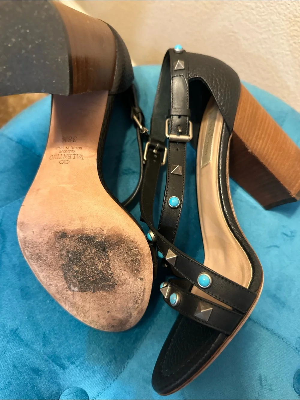 Valentino Black Rockstud Block Heel Sandals with Turquoise Cabochon Accents